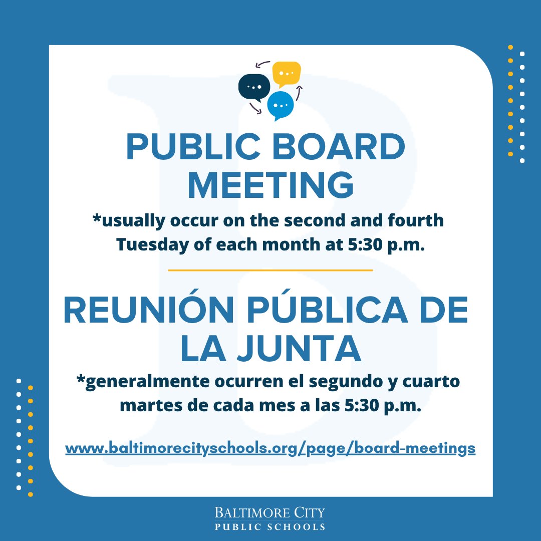 BaltCitySchools's tweet image. The next public board meeting is today, July 22 at 5:30 p.m.
For more information on how to join and agendas, visit: baltimorecityschools.org/page/board-mee…