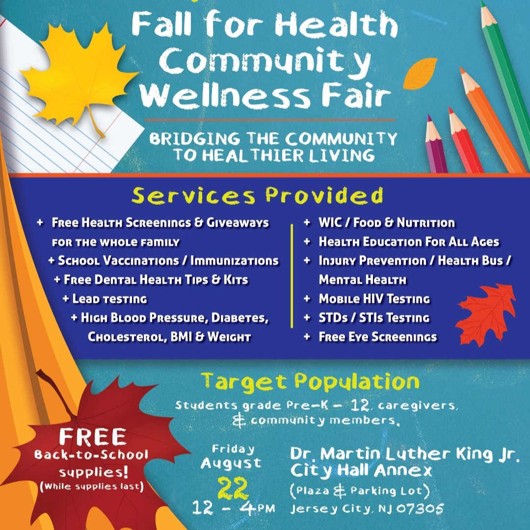 HealthierJC's tweet image. Bring the whole family! Join us for the Fall for Health Community Wellness Fair!!
📅 Aug. 22 | ⏰ 12–4 PM 📍 MLK Annex Plaza, 1 Jackson Sq 🩺 Free health screenings 💉 School immunizations 🧠 Mental health resources🎁 Back-to-school giveaways! @jerseycity #HealthierJC