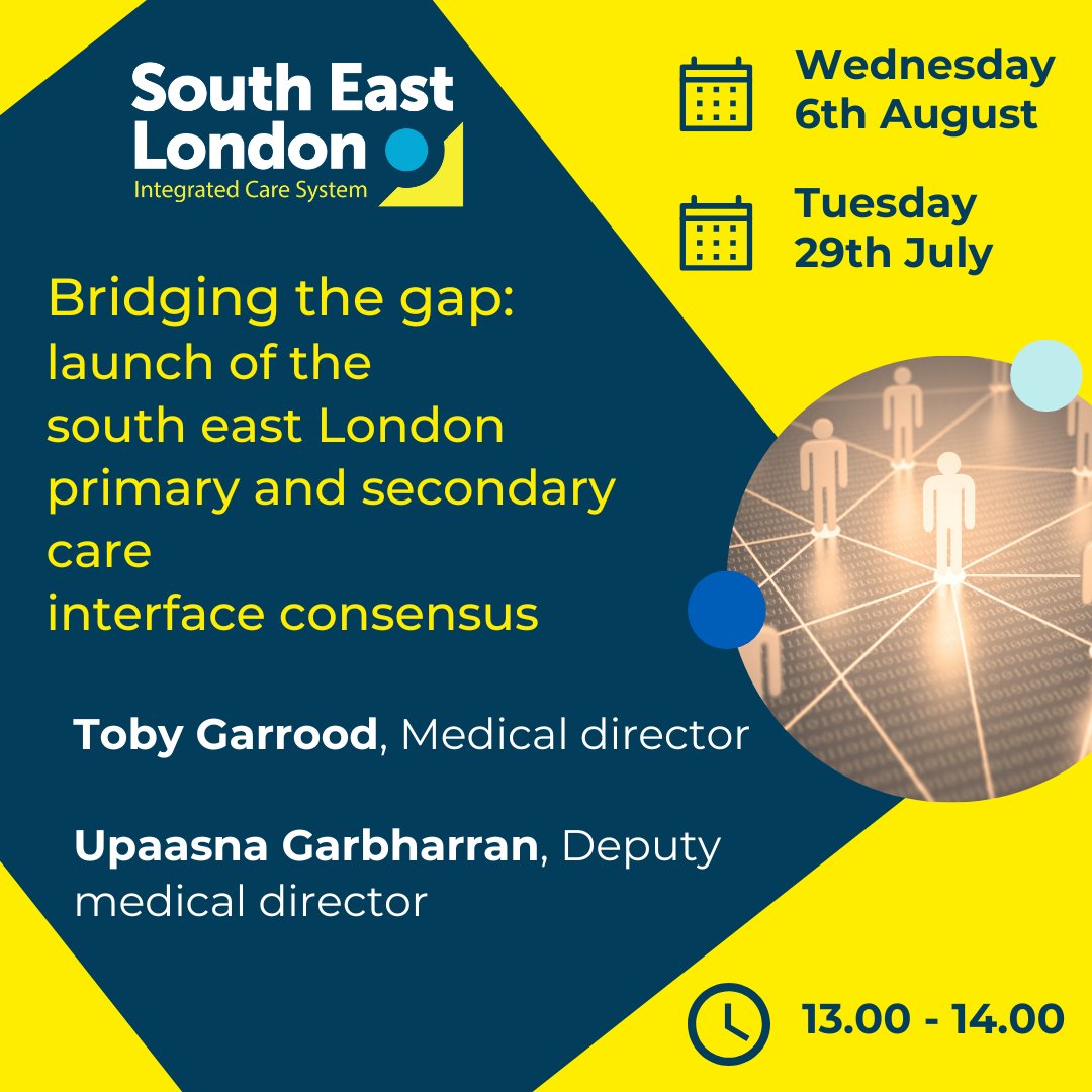 MaudsleyNHS's tweet image. 💙Webinar: 'Bridging the gap: launch of the south east London primary and secondary care interface consensus'.
Register to attend this webinar – open to all health and care staff:
Tues 29 July, 1pm: ow.ly/raTs50WsC6o
Wed 6 August, 1pm: ow.ly/znEn50WsC6p
@SELondonICS