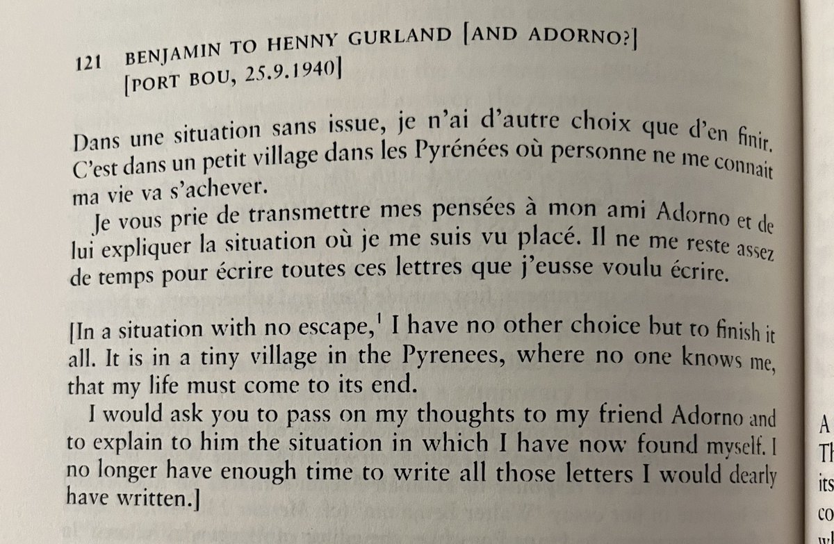 thezachloeffler's tweet image. Benjamin’s suicide note to Fromm’s future wife, Henny Gurland,who also likely took her own life in 1952. It survives only in HG’s hand among Adorno’s papers.“I would ask you to pass on my thoughts to my friend Adorno+explain to him the situation in which I have now found myself.”