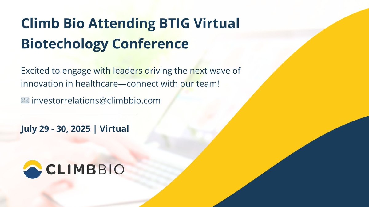 Climb Bio (@climbbio) on Twitter photo Climb Bio is attending the BTIG Virtual Biotechnology Forum. Looking forward to connecting with healthcare innovators.
$CLYM #HealthcareInnovation #BTIGBiotech Climb Bio is attending the BTIG Virtual Biotechnology Forum. Looking forward to connecting with healthcare innovators.
$CLYM #HealthcareInnovation #BTIGBiotech