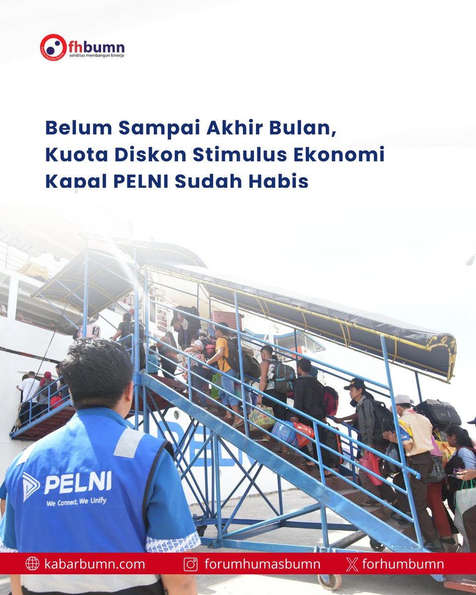 PT PELNI (Persero) resmi menyampaikan bahwa kuota diskon tiket kapal laut sebesar 50 persen dalam program stimulus ekonomi telah sepenuhnya habis per 21 Juli 2025. Data penjualan mencatat sebanyak 782.011 tiket telah terjual untuk jadwal keberangkatan 5 Juni hingga 31 Juli 2025.