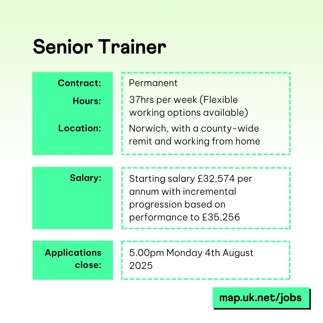 📍Norwich📍The Senior trainer will create, coordinate and deliver training, reviews and updates. 

Find out how to apply at map.uk.net/jobs

🔔Deadline: 5.00 pm Monday 4th August 2025🔔