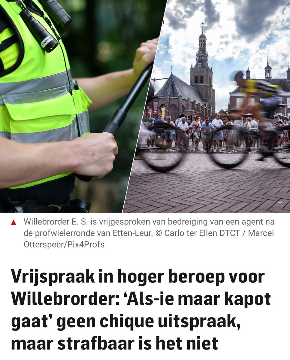 maartenbrink's tweet image. Uitspraak in zaak bedreiging van politieagent na #wielerronde #EttenLeur. Vrijspraak in hoger beroep voor Willebrorder: ‘Als-ie maar kapot gaat’ geen chique uitspraak, maar strafbaar is het niet, volgens de rechter.
bndestem.nl/etten-leur/vri…
#politie #bedreiging
