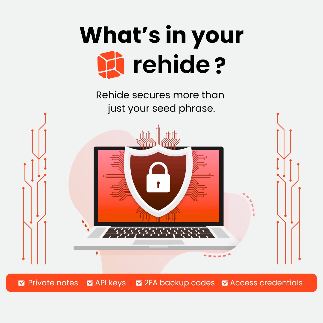 rehideIO's tweet image. Rehide secures more than just your seed phrase:

🧠 Private notes
🧪 API keys
📄 Access credentials
📱 2FA backup codes

Whatever you protect, protect it right.