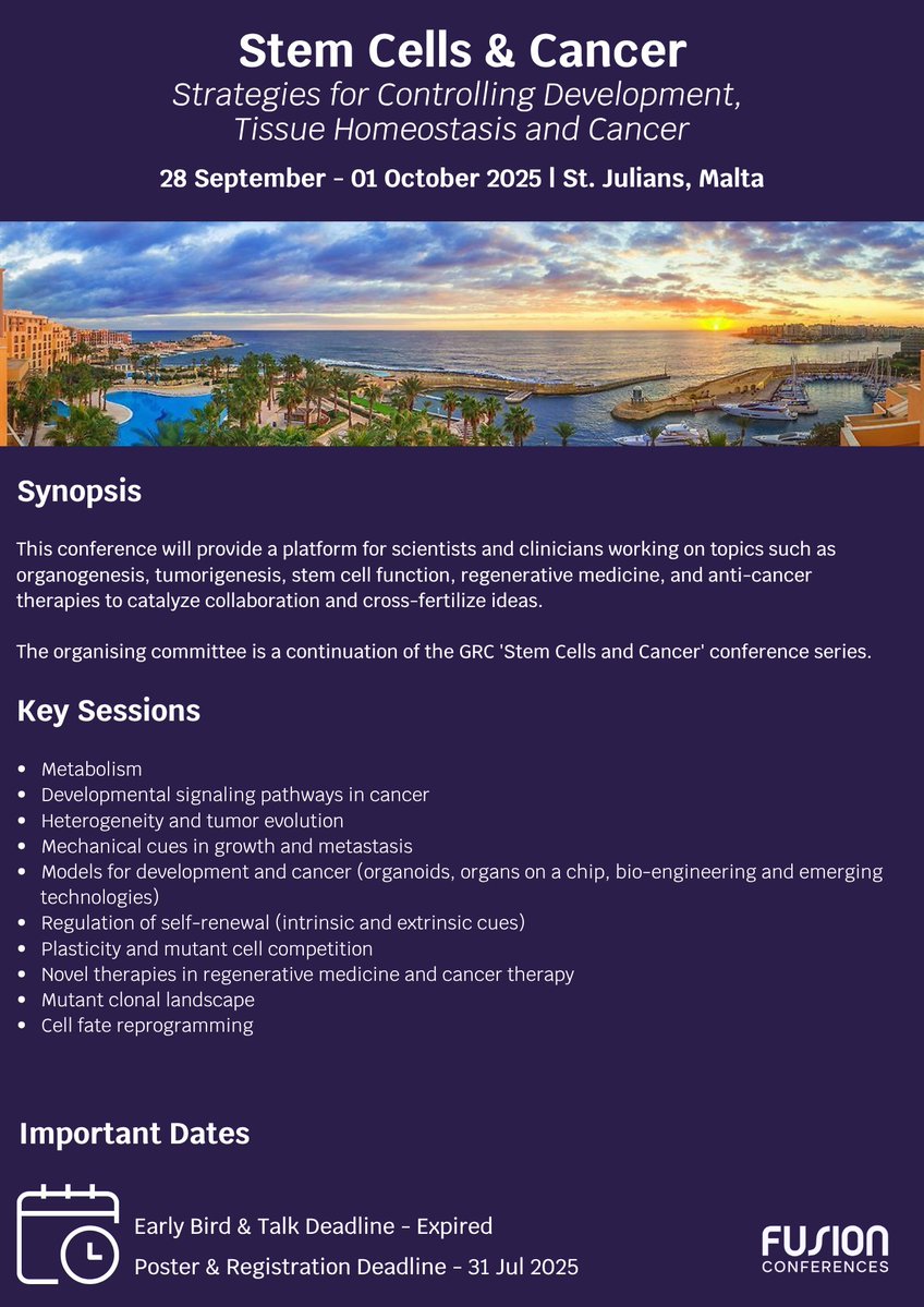 Fusion_Conf's tweet image. Our Stem Cells & Cancer Conference is fast approaching, dont miss out on this fantastic meeting organised by Leanne Jones, Kathrin Plath, Yekaterina (Kate) Miroshnikova and Maria P. Alcolea. The organising commitee is a continuation of the GRC 'Stem Cells & Cancer' conference…