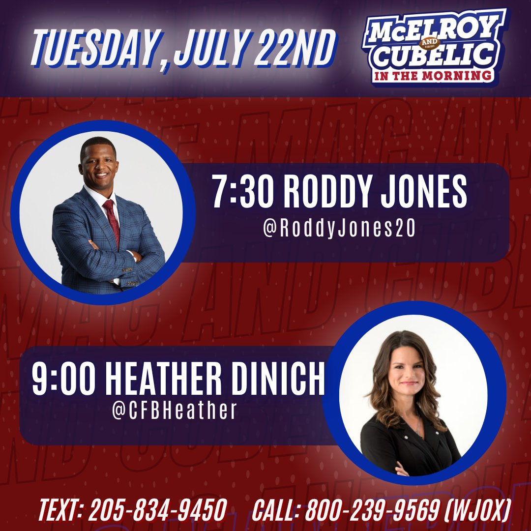 McElroy and Cubelic in the Morning (@macandcube) on Twitter photo Tuesday #MacandCube
7:30 <a href="/RoddyJones20/">Roddy Jones</a> from <a href="/theACC/">The ACC</a> Media Days!
9:00 <a href="/CFBHeather/">Heather Dinich</a> on all things CFB!!
<a href="/WJOX945/">WJOX 94.5 FM</a>
joxfm.com
<a href="/YouTube/">YouTube</a> (Jox945tv) Tuesday #MacandCube
7:30 <a href="/RoddyJones20/">Roddy Jones</a> from <a href="/theACC/">The ACC</a> Media Days!
9:00 <a href="/CFBHeather/">Heather Dinich</a> on all things CFB!!
<a href="/WJOX945/">WJOX 94.5 FM</a>
joxfm.com
<a href="/YouTube/">YouTube</a> (Jox945tv)