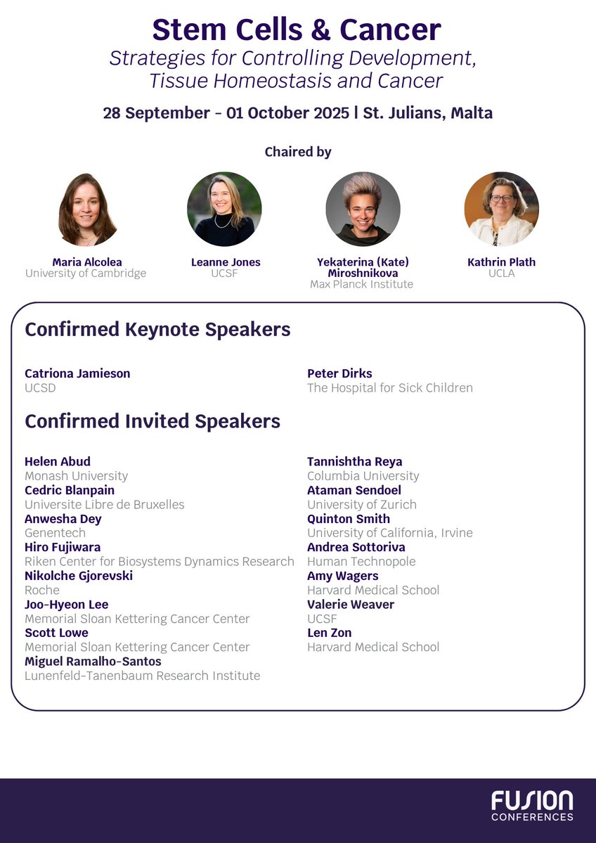 Fusion_Conf's tweet image. Our Stem Cells & Cancer Conference is fast approaching, dont miss out on this fantastic meeting organised by Leanne Jones, Kathrin Plath, Yekaterina (Kate) Miroshnikova and Maria P. Alcolea. The organising commitee is a continuation of the GRC 'Stem Cells & Cancer' conference…