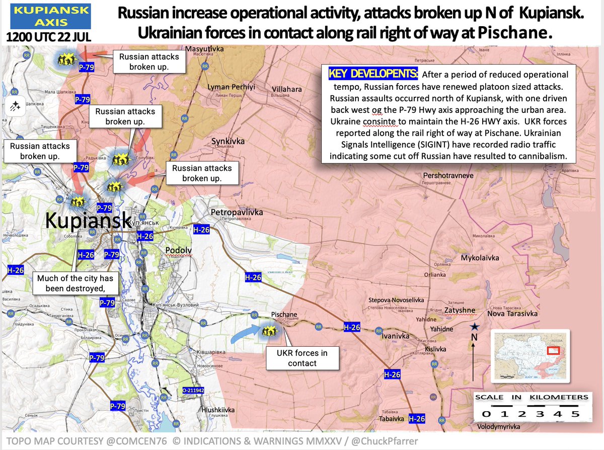 ChuckPfarrer's tweet image. KUPIANSK AXIS /1200 UTC 22 JUL/ Russian increase operational activity, attacks broken up N of Kupiansk. Ukrainian forces in contact along rail right of way at Pischene. Cut off Russian units report incidents of cannibalism.