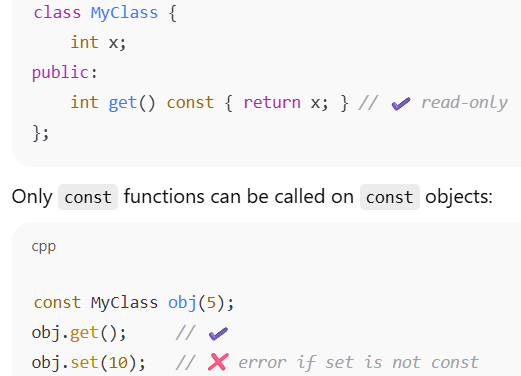 cybersenth's tweet image. Part 3 of C++ Learning Journey.
In continuation of Part 2:
x.com/cybersenth/sta…
Detailed Notes can be found here:
github.com/senthilnathan0…
33/N Const member functions
When a member function doesn’t modify the object, mark it const:
#cpplang #competitive_programming #quant