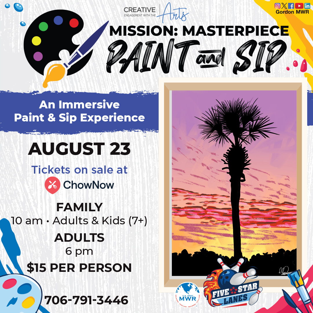 FtGordonMWR's tweet image. 🎨Get ready to splash some color and create a lasting memory with our upcoming Paint and Sip event!  Find details at Gordon.ArmyMWR.com.
 
🎫Tickets can be purchased thru Chow Now starting 𝘁𝗼𝗺𝗼𝗿𝗿𝗼𝘄. Just visit chownow.com/order/36169/lo…

#GordonMWR  #PaintandSip