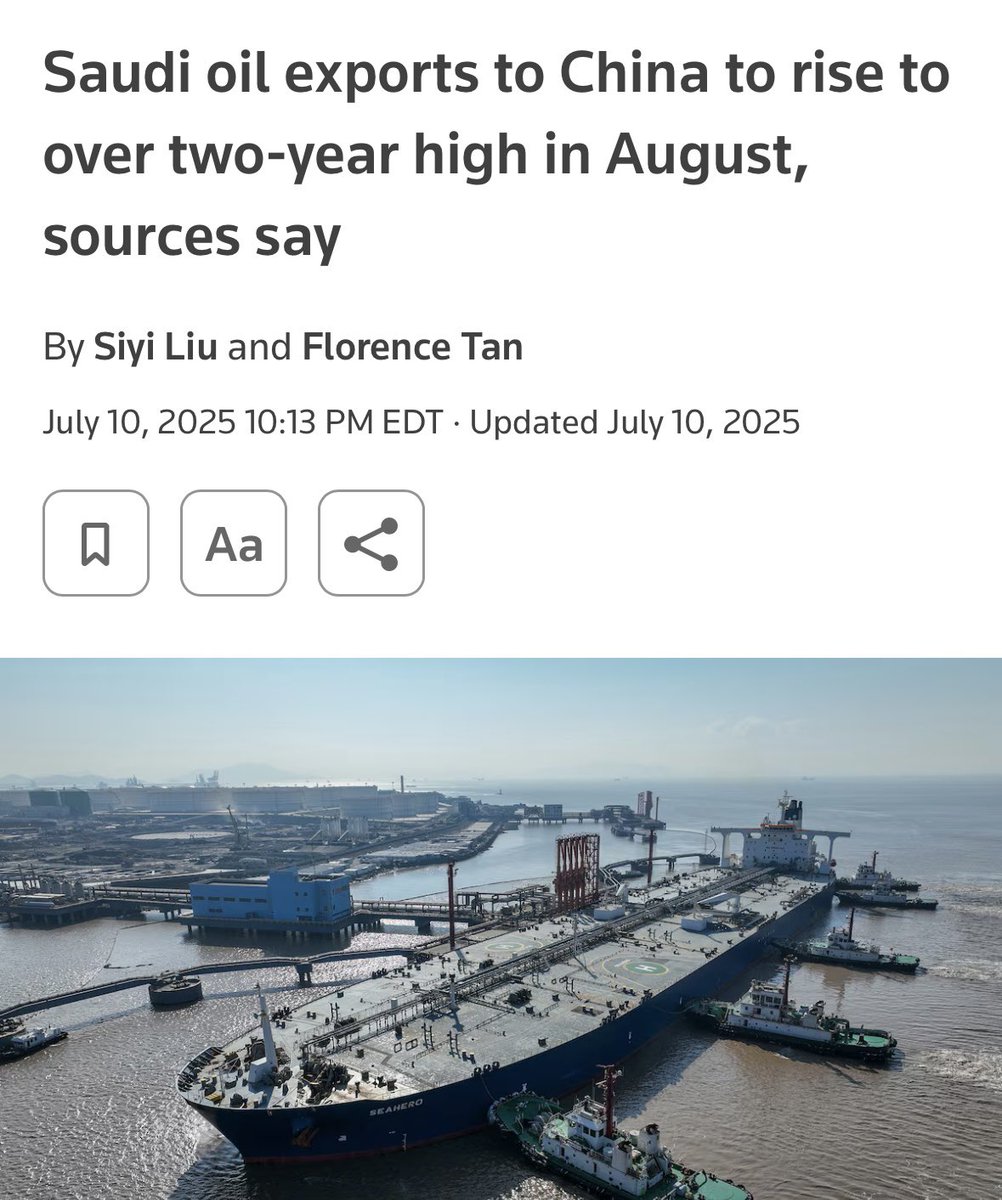 chinainmena's tweet image. “Saudi Arabia's crude oil exports to China are set to rise to the highest in more than two years in August, five trade sources said on Friday, as the top exporter seeks to regain market share in the world's biggest importer.
State oil firm Saudi Aramco will ship about 51 million…