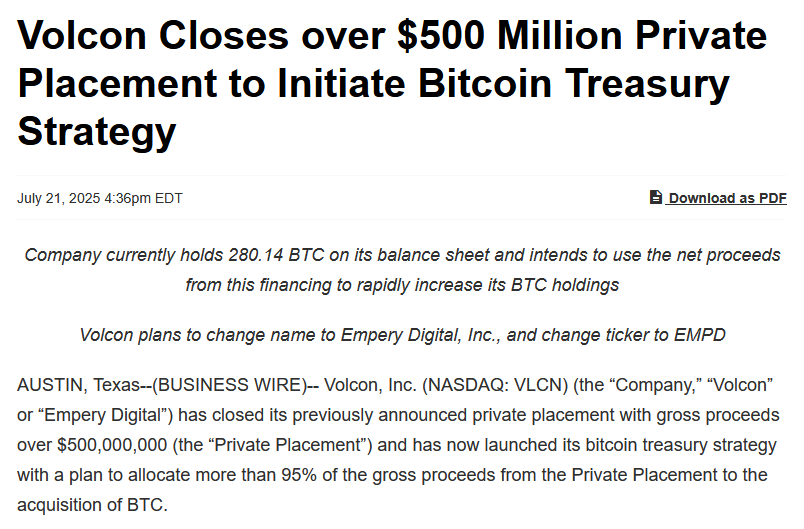 BitcoinNewsCom's tweet photo. NEW: Electric vehicle manufacturer Volcon Inc. will allocate over 95% of a $500M private placement to implement a Bitcoin treasury strategy. https://t.co/WN4C36hgmw