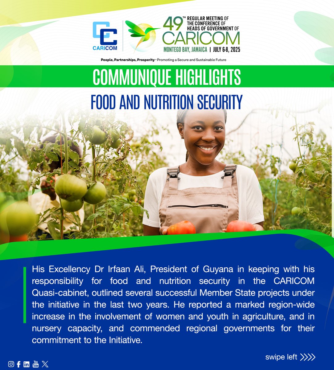 CARICOMorg's tweet image. 🌽Food & Nutrition Security
🙋🏾 Youth and women participation in agriculture have increased across the Region
➡️Swipe now to learn more.
📲 Scan the QR code or click to read the Communique now caricom.org/communique-for…
#FoodSecurity #Vision25by2025+5 #CARICOMAgriculture…