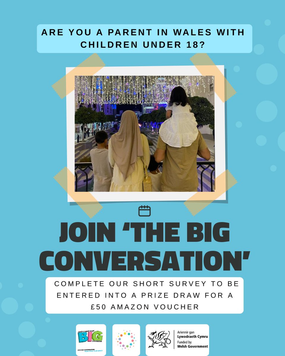Parents in Wales – we want to hear from you!
Take part in ‘The Big Conversation’ online survey and share what matters to families in Wales.
Take the survey today: forms.office.com/e/PN9cBrbL8z
Terms and Conditions apply