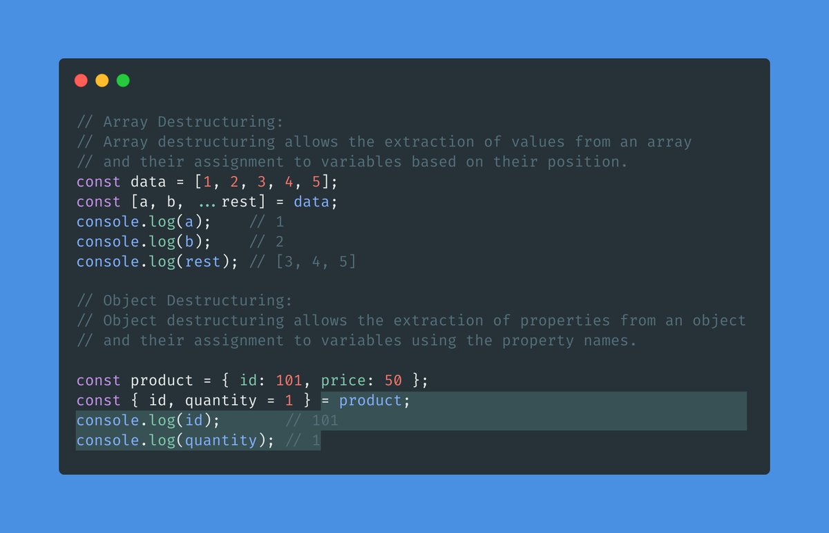 oxcode__'s tweet image. Destructuring assignment in JavaScript, introduced in ES6, allows unpacking values from arrays or object properties into distinct variables, simplifying code by reducing multiple assignment lines.