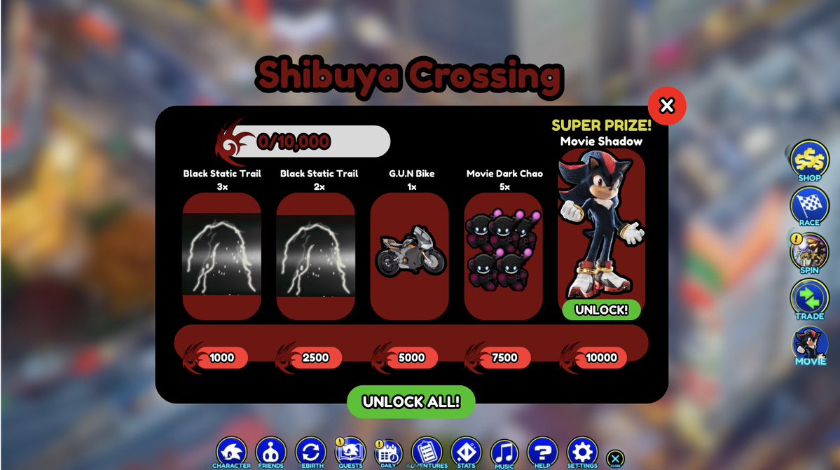 SSSConceptGuy's tweet image. Shibuya Crossing Event!
Collect 10k Black Arms Emblems!
1k Emblems = 3x Black Static Trail
2.5k Emblems = 2x Black Static Trail
5k Emblems = G.U.N Motorbike
7.5k Emblems = 5x Movie Dark Chao
10k Emblems = Movie Shadow Skin
New World: Shibuya Crossing
#SonicSpeedSimulator