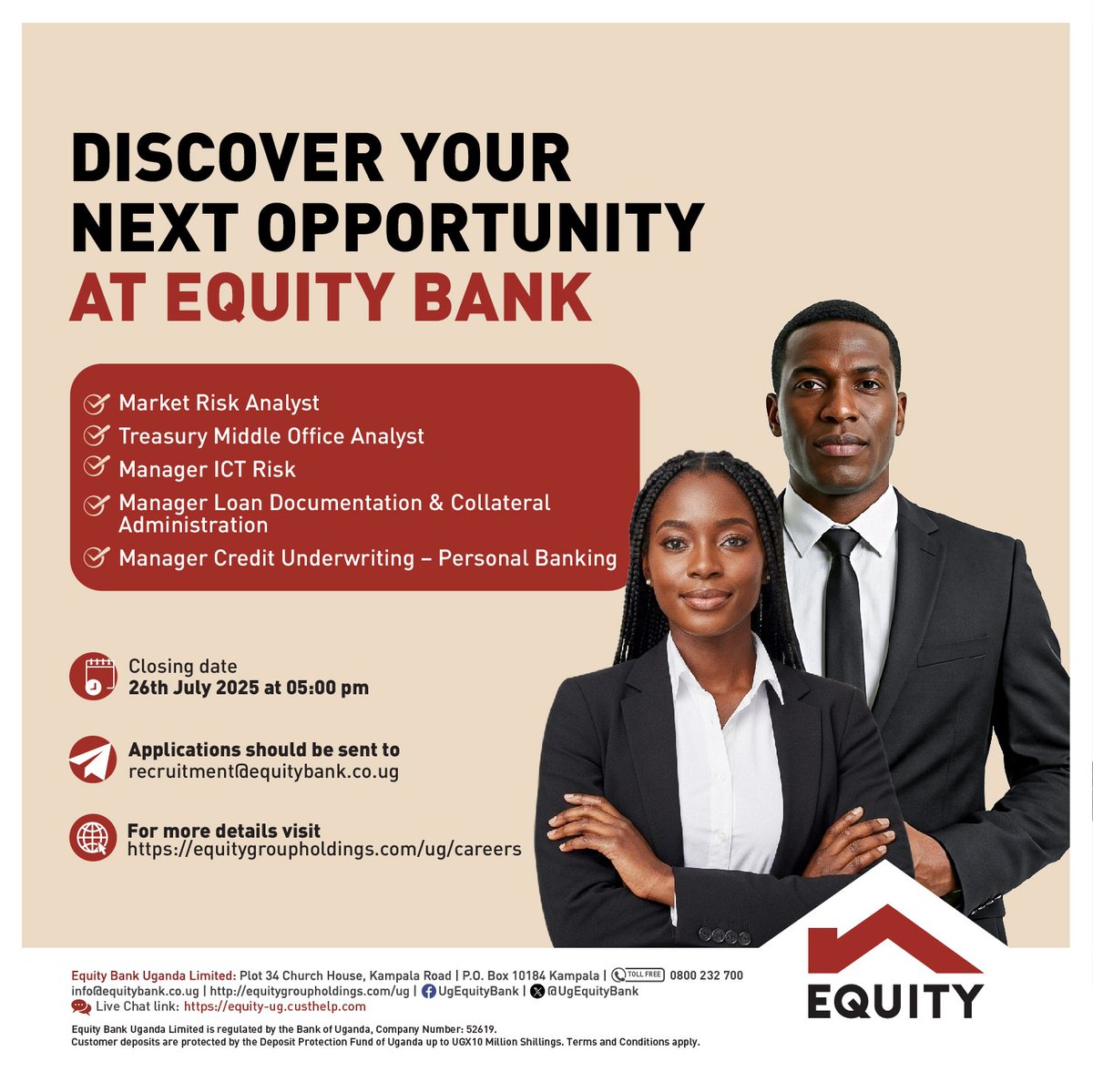 UgEquityBank's tweet image. Equity Bank Uganda is hiring for the following positions. Click on the link to apply.
Jobs advert link:
equitygroupholdings.com/ug/careers