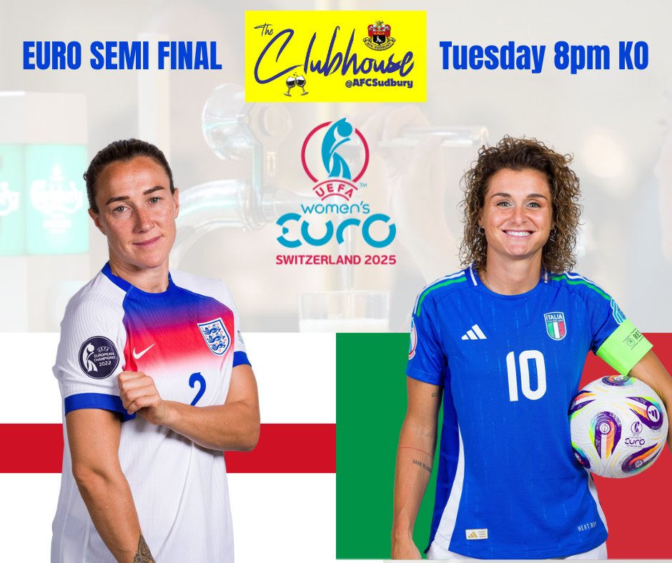 AFC Sudbury Women (@afcsudburywomen) on Twitter photo Tonight! England watch party! 🏴
Join the Womens first team tonight in the clubhouse and watch England vs Italy in #EURO2025 Semi Final! 8pm Kick off. <a href="/FAWNL/">FA Women's National League</a> <a href="/SuffolkFA/">Suffolk Football Association</a> <a href="/WF_East/">Women's Football East</a> Tonight! England watch party! 🏴
Join the Womens first team tonight in the clubhouse and watch England vs Italy in #EURO2025 Semi Final! 8pm Kick off. <a href="/FAWNL/">FA Women's National League</a> <a href="/SuffolkFA/">Suffolk Football Association</a> <a href="/WF_East/">Women's Football East</a>