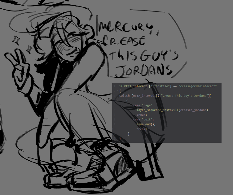 the sketch that birthed this drawing lol i was studying how to stylize shoes in my style and spent way too much effort on the fake code