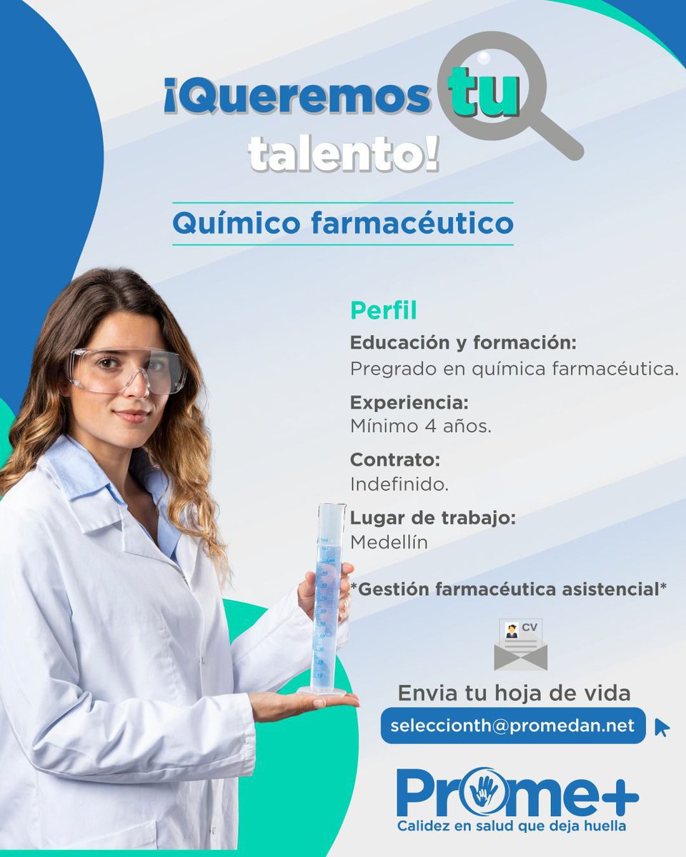 👩‍🔬 ¿Eres químico farmacéutico y quieres dejar huella desde tu profesión?

En Prome+ buscamos tu talento para fortalecer la gestión farmacéutica asistencial.
📍 Medellín

¡Súmate a una organización donde la calidez también es parte del tratamiento! 💙
#CalidezEnSaludQueDejaHuella
