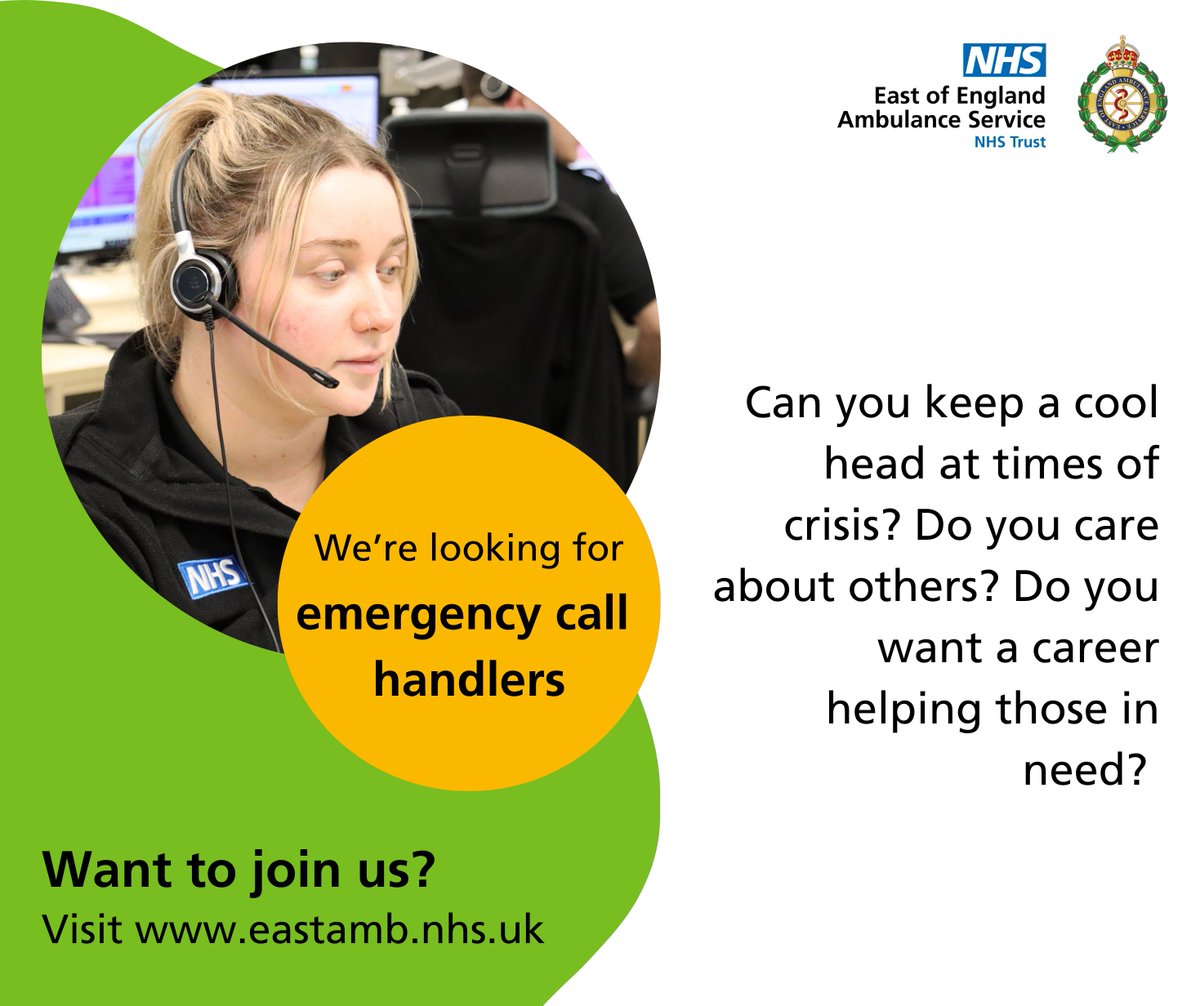 EastEnglandAmb's tweet image. 🚨 We’re hiring emergency call handlers in Norwich and Chelmsford! 🚨
Be the calm voice in a crisis.
💚 Full training
📞 No medical experience needed
🎧Make a real difference
Apply now: eastamb.nhs.uk/join-the-team/…
