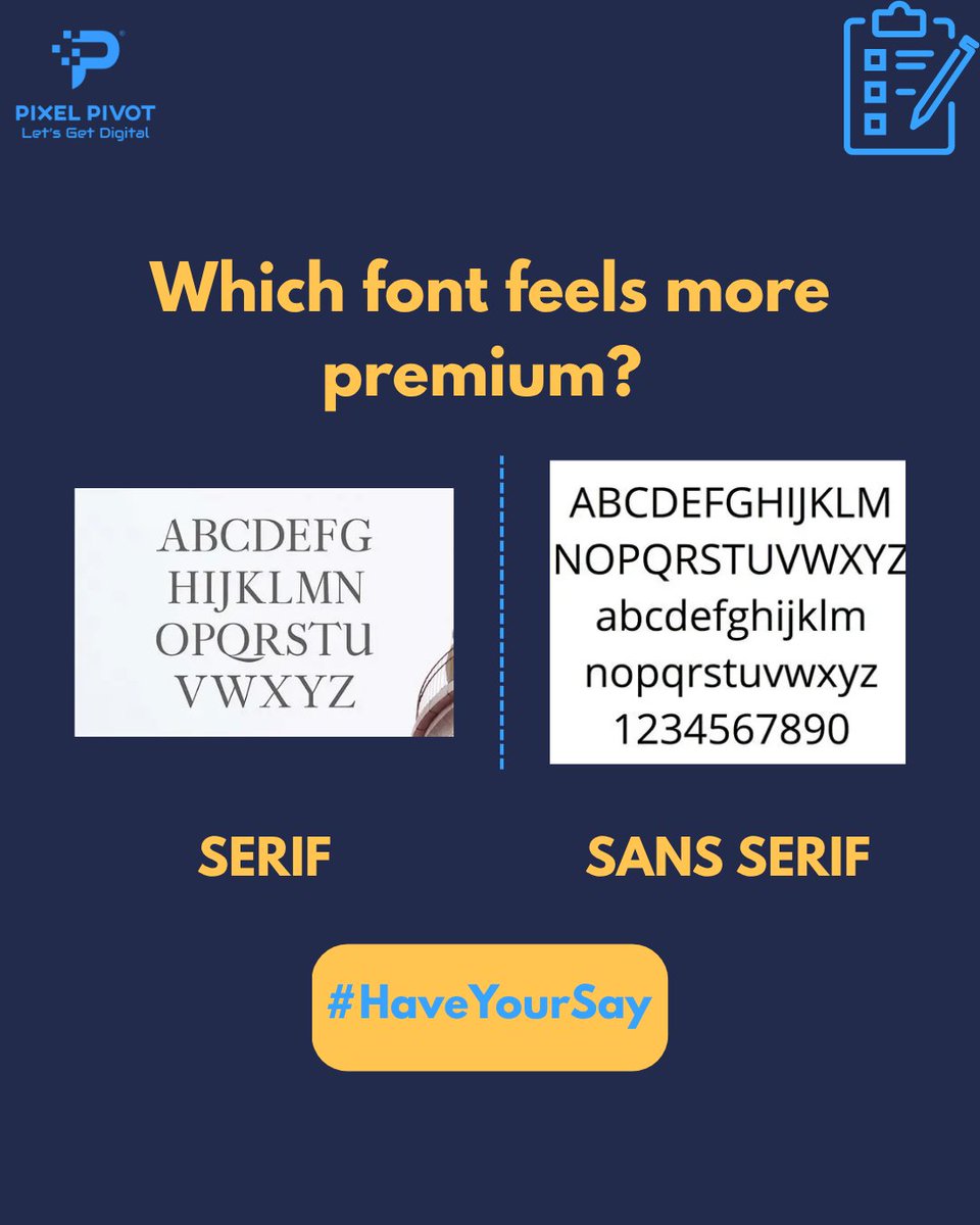 PixelPivot's tweet photo. Which font feels more premium: Serif or Sans-serif? 
Pick your favourite!

#Typography #BrandDesign #PixelPivot https://t.co/Sa39dgJlem
