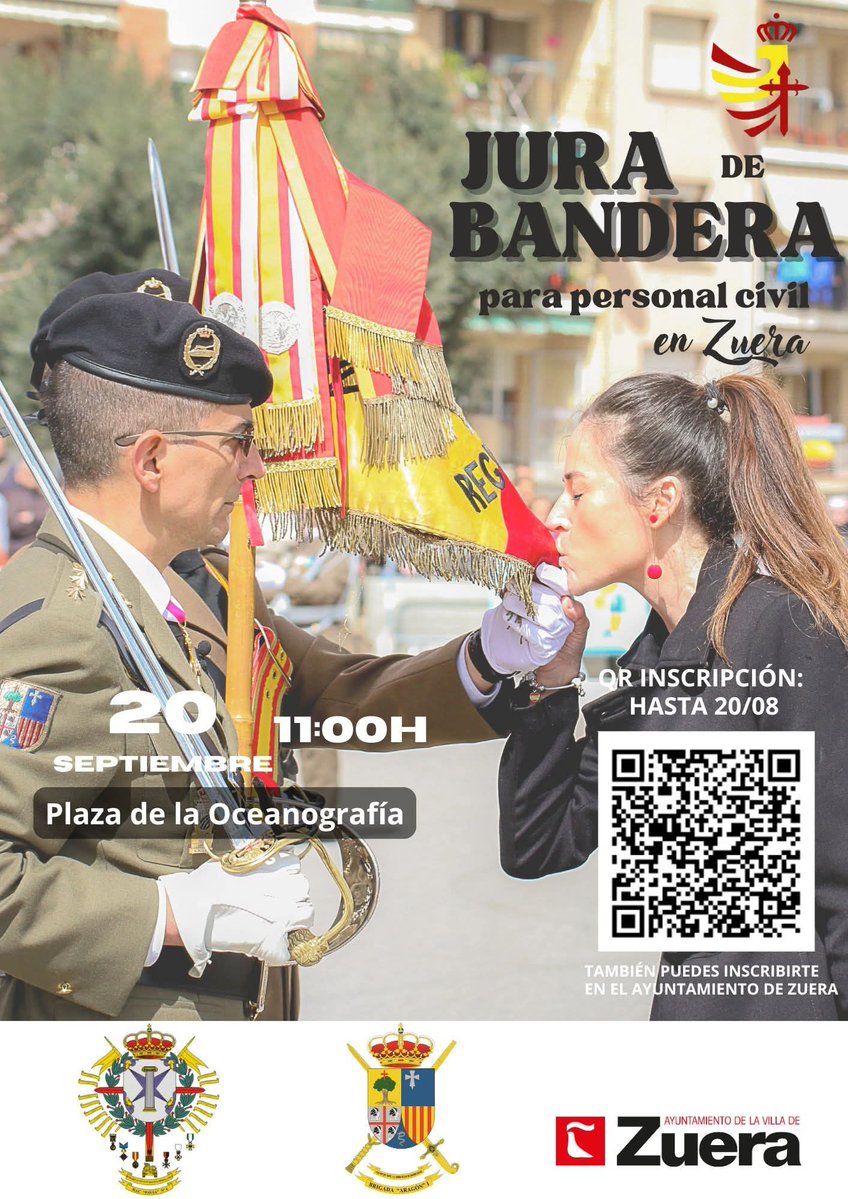 FUTER_ET's tweet image. El próximo 20 de septiembre de 2025 a las 11:00, se celebrará una Jura de bandera para personal civil en #zuera (#Zaragoza).
Inscribete antes del 20 de agosto escaneado el QR.
Organizan #ayuntamientodezuera, #BrigadaAragon y #regimientopavia
#SomostuEjército
