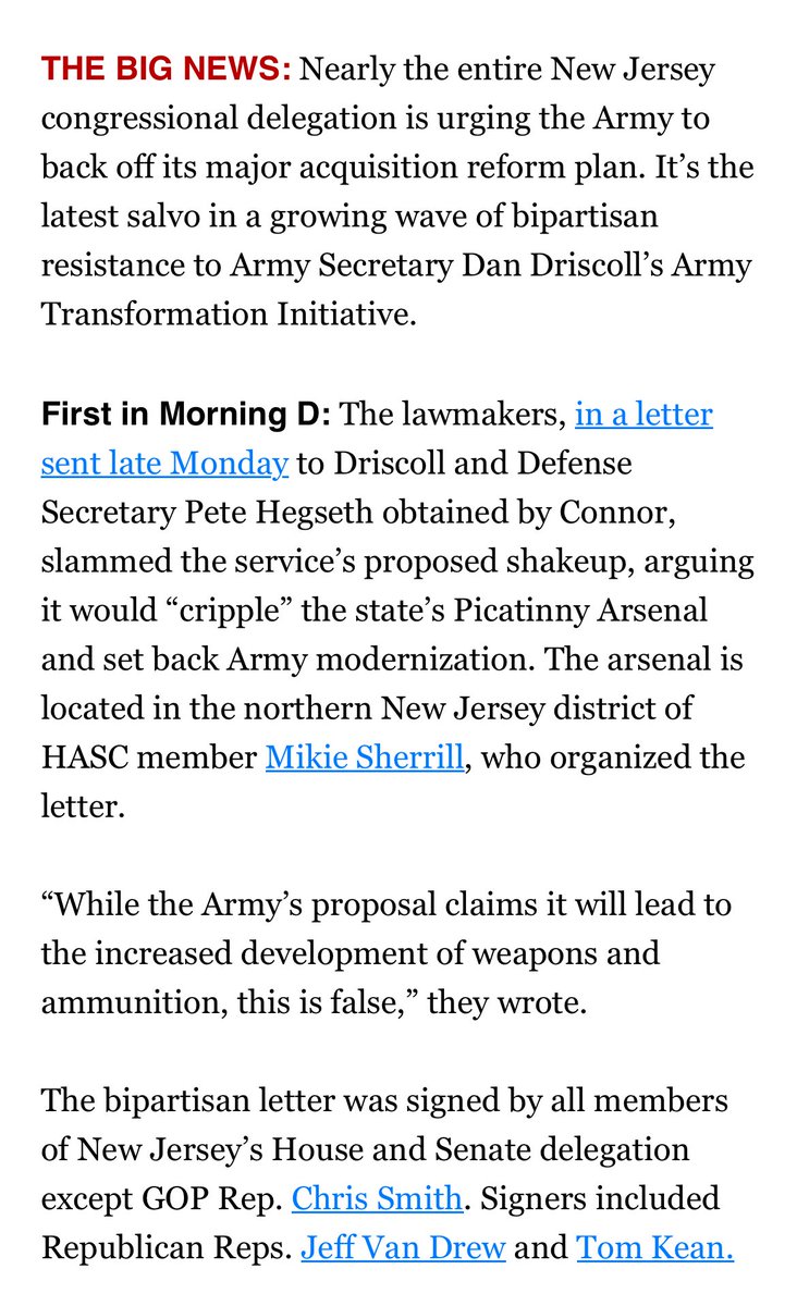 connorobrienNH's tweet image. NEW this AM: Nearly the entire New Jersey delegation is urging the Army to back off its major acquisition reform plan.
In a letter organized by Mikie Sherrill, NJ lawmakers say the plan would “cripple” Picatinny Arsenal and cost it ~$1B and 1,000 jobs.
More in @morningdefense