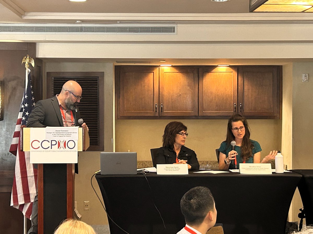 StateCourts's tweet image. Last week, NCSC’s Jesse Rutledge, Molly Justice, and Heather Teter presented at the Conference of Court Public Information Officers' annual meeting in Santa Fe.
They shared insights on court communications, social media strategy, and managing high-profile cases.