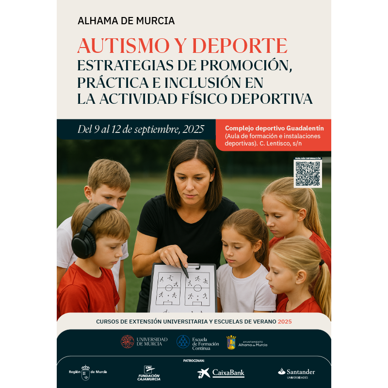 #CursosUMU 
#Curso Autismo y deporte. Estrategias de promoción, práctica e inclusión en la actividad físico deportiva  

🗓️9-12 septiembre, #AlhamadeMurcia 
📌Programa: t.um.es/alhamademurcia 

#autismo #inclusión #deporte #actividad #física #TEA #deportistas #Murcia