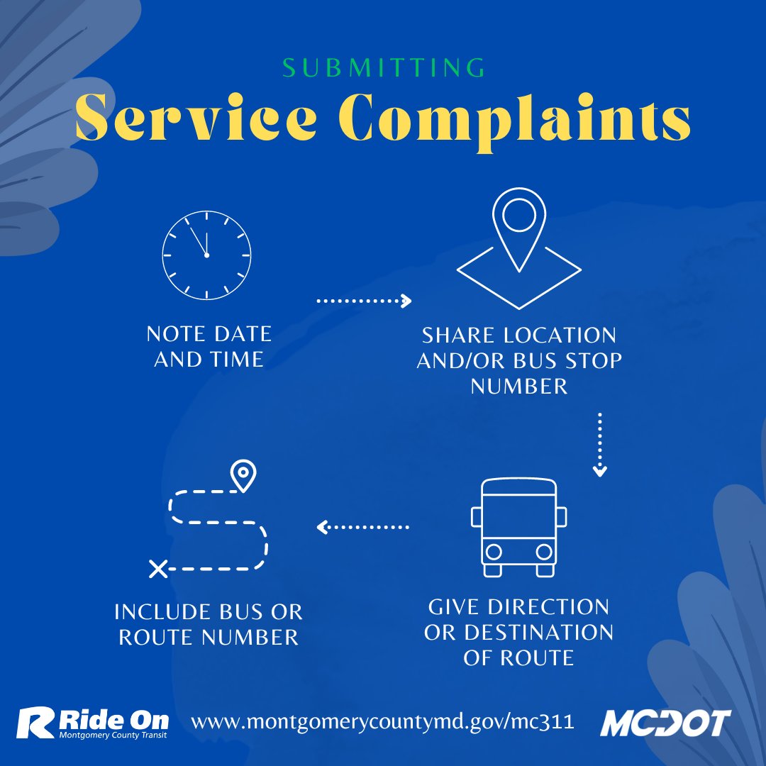 RideOnMCT's tweet image. When submitting a complaint on MC311, social media, or our website, it's important to include date and time, location or bus stop number, bus or route number, and direction or destination of the route in order to ensure we can properly investigate.