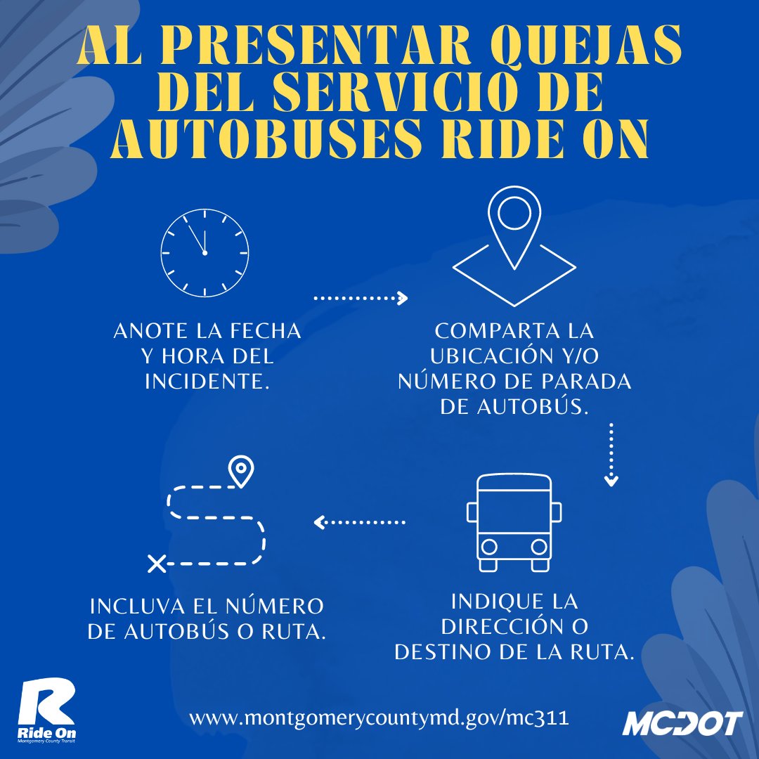 RideOnMCT's tweet image. When submitting a complaint on MC311, social media, or our website, it's important to include date and time, location or bus stop number, bus or route number, and direction or destination of the route in order to ensure we can properly investigate.