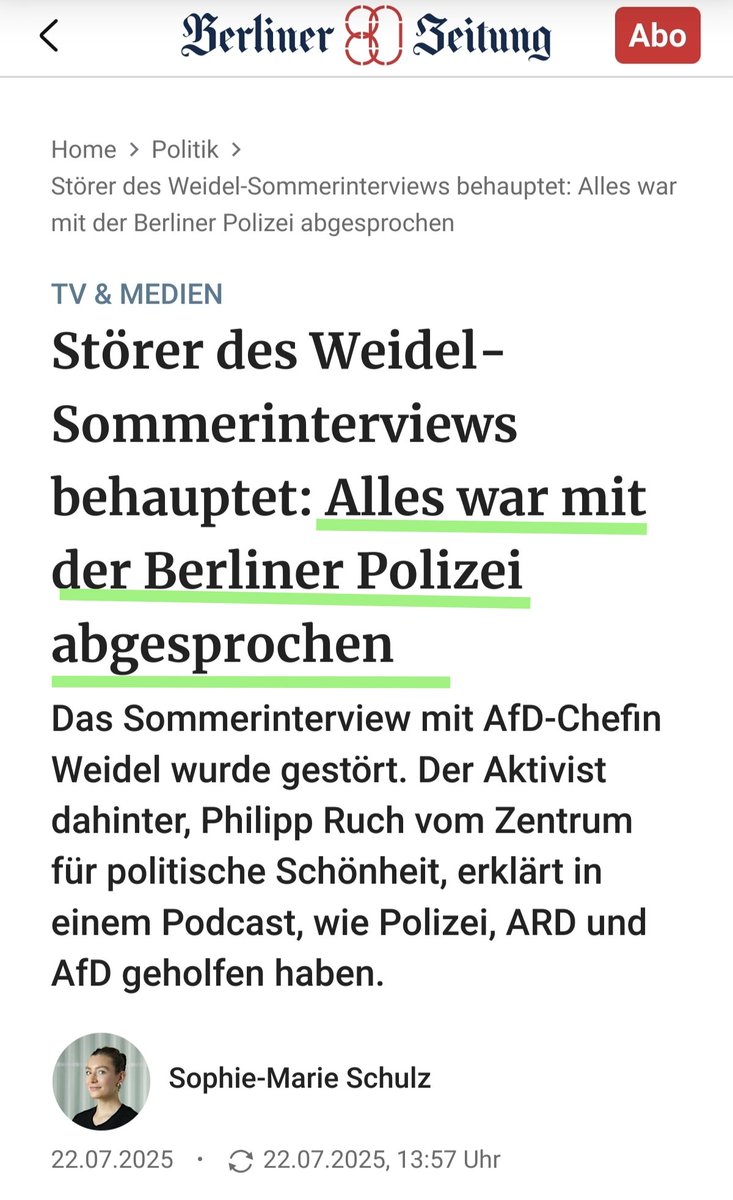 DrLuetke's tweet image. Die Störaktion beim Sommerview war abgesprochen. Die Story wird aber schon angepasst.
11:25 Uhr: "Alles war mit ARD und Polizei abgesprochen"
13:57 Uhr: "Alles war mit Polizei abgesprochen"
Was stimmt denn nun @DasErste?