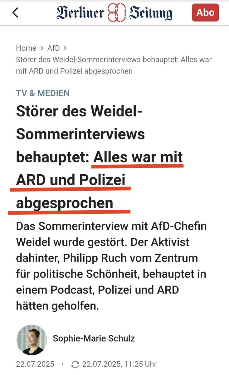 DrLuetke's tweet image. Die Störaktion beim Sommerview war abgesprochen. Die Story wird aber schon angepasst.
11:25 Uhr: "Alles war mit ARD und Polizei abgesprochen"
13:57 Uhr: "Alles war mit Polizei abgesprochen"
Was stimmt denn nun @DasErste?