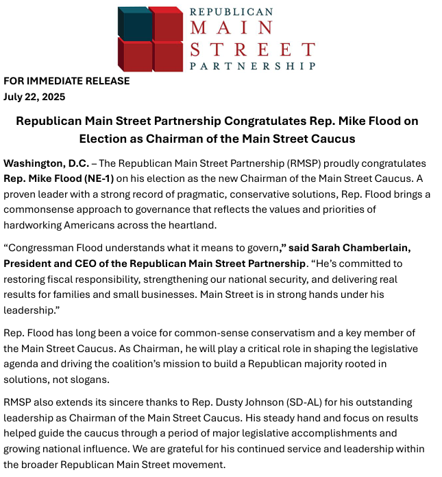 Congratulations to <a href="/USRepMikeFlood/">Rep. Mike Flood</a>, newly elected Chair of the Main Street Caucus. 

He brings a deep commitment to commonsense conservative leadership. We’re proud to support his work fighting for small businesses and working families.
