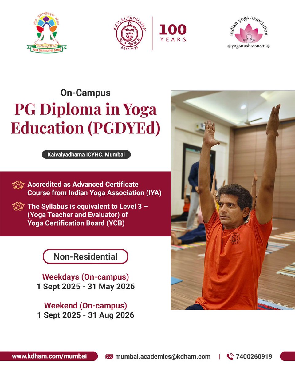Kaivalyadhama ICYHC Mumbai presents a 𝐏𝐆 𝐃𝐢𝐩𝐥𝐨𝐦𝐚 𝐢𝐧 𝐘𝐨𝐠𝐚 𝐄𝐝𝐮𝐜𝐚𝐭𝐢𝐨𝐧 (𝐏𝐆𝐃𝐘𝐄𝐝).

Visit to register and learn more at: kdham.com/mumbai/on-camp…

#kaivalyadhamamumbai #yogacertification #yogalearning #yogainstitute #yogainspiration
