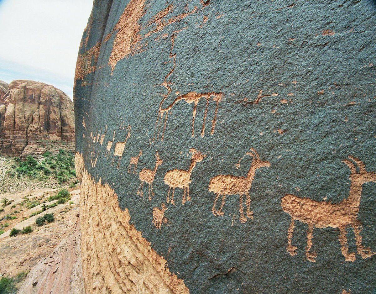 beforethewest's tweet image. Etched into the sandstone cliffs near Moab, Utah 🇺🇸, this petroglyph panel captures a timeless procession of bighorn sheep—an iconic subject in the rock art of the American Southwest. These images, carved by the ancestral peoples of the region, may represent more than just…