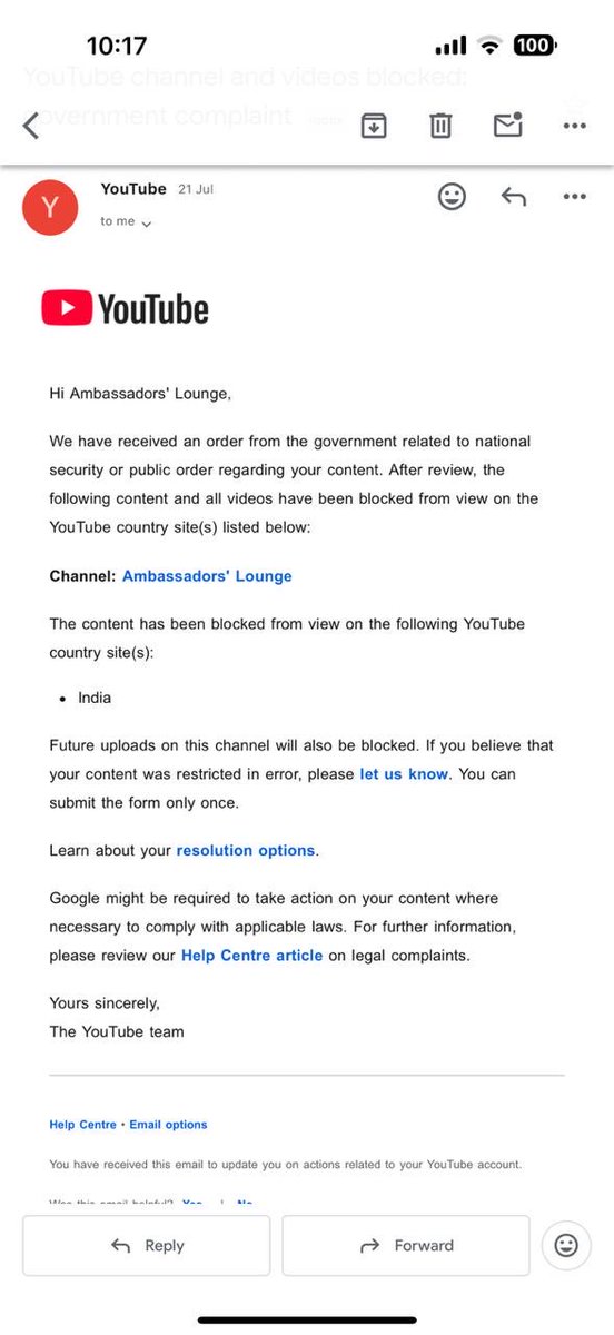 AsifDurrani20's tweet photo. On India’s request Pakiatan’s YouTube channel “Ambassadors’ Lounge” has been blocked. Reason: national security and public order. https://t.co/72NUdffpTj