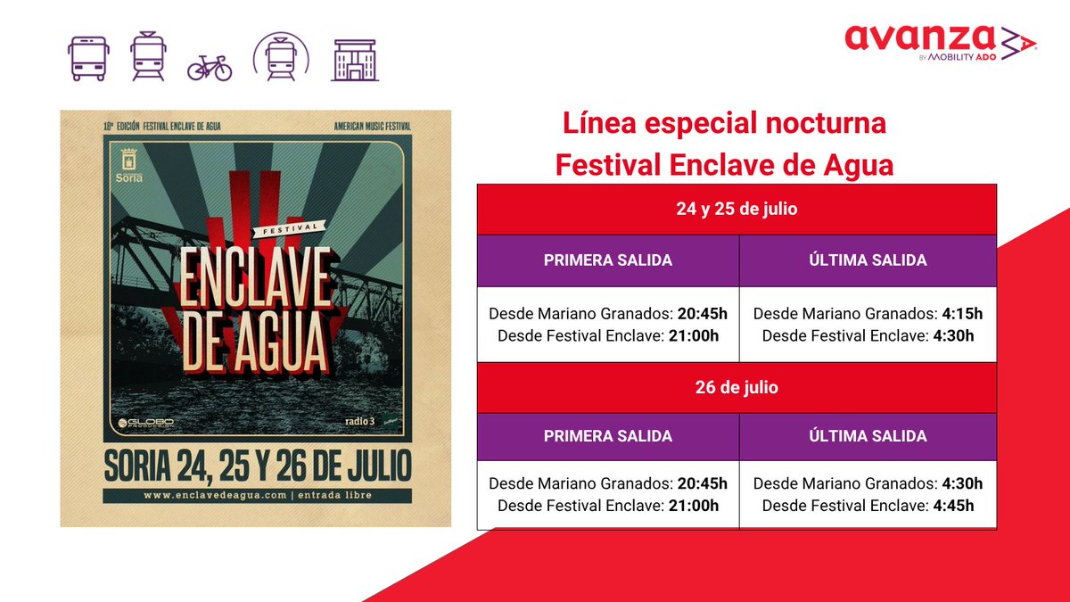 ¿Vas a asistir al festival <a href="/EnclavedeAgua/">Festival Enclave de Agua</a> ? <a href="/Ayto_Soria/">Ayuntamiento de Soria</a> 

Te dejamos los horarios de la línea especial nocturna 🚌