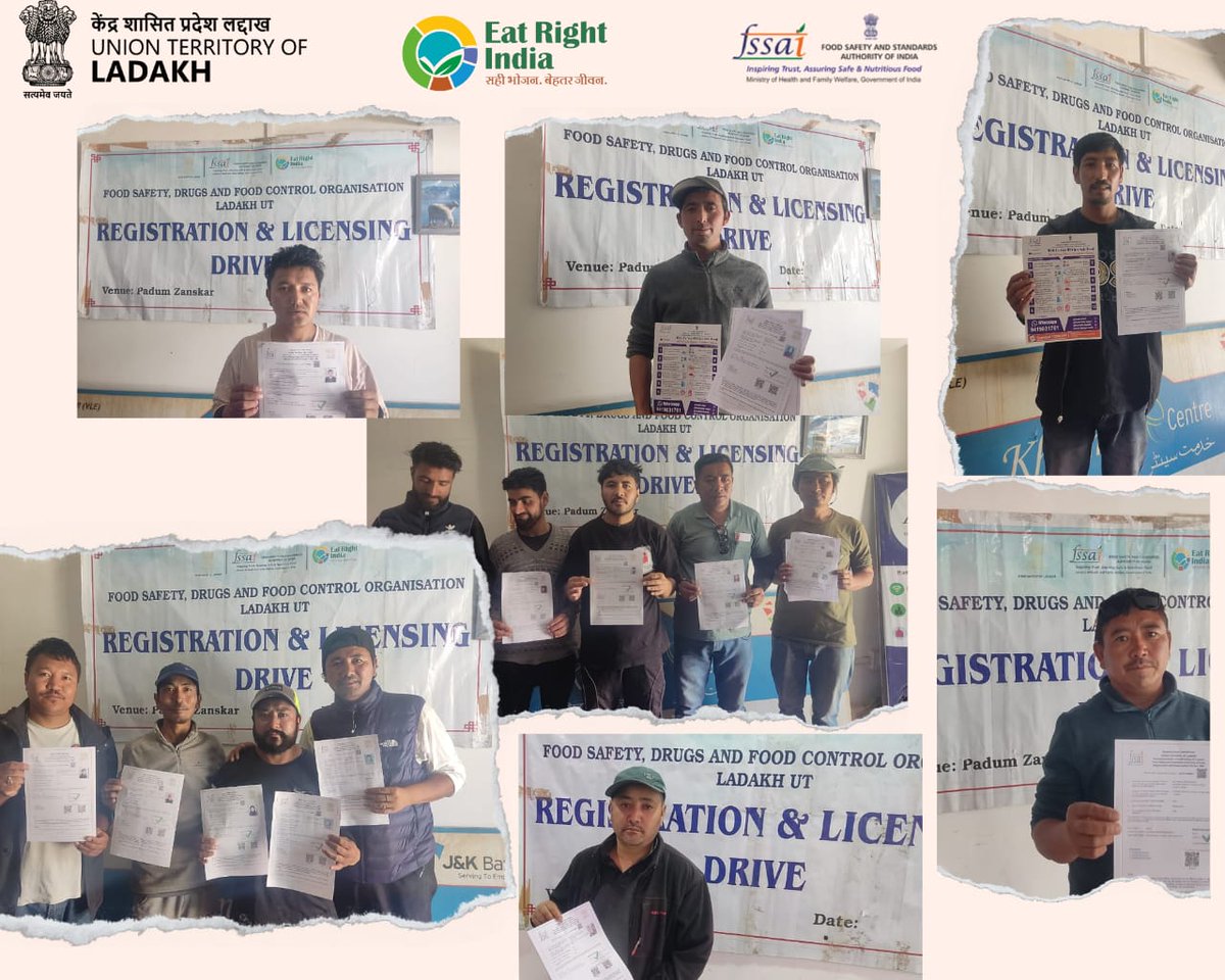 Food Safety Ladakh (@foodladakh) on Twitter photo Food Safety, Kargil UT OF Ladakh held licensing and registration camp at Zanskar, Kargil.
The Food Safety Kargil, UT of Ladakh has issued 45 new registrations to food businesses in Zanskar, including 2 renewals and 2 modifications.
<a href="/fssaiindia/">FSSAI</a> <a href="/DIPR_Kargil/">DIPR Kargil</a> <a href="/dc_Kgl/">Deputy Commissioner/DEO Kargil</a> <a href="/airnewskargil/">Radio News Kargil</a> Food Safety, Kargil UT OF Ladakh held licensing and registration camp at Zanskar, Kargil.
The Food Safety Kargil, UT of Ladakh has issued 45 new registrations to food businesses in Zanskar, including 2 renewals and 2 modifications.
<a href="/fssaiindia/">FSSAI</a> <a href="/DIPR_Kargil/">DIPR Kargil</a> <a href="/dc_Kgl/">Deputy Commissioner/DEO Kargil</a> <a href="/airnewskargil/">Radio News Kargil</a>