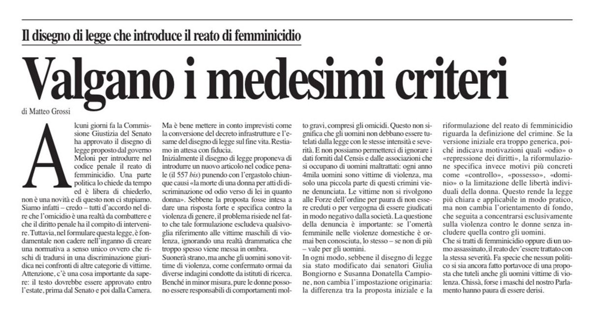 Sebbene il disegno di legge sia stato modificato non cambia l’impostazione originaria che seguita a escludere quella contro gli uomini.
A pag. 4 de <a href="/LaRagione_eu/">La Ragione</a>