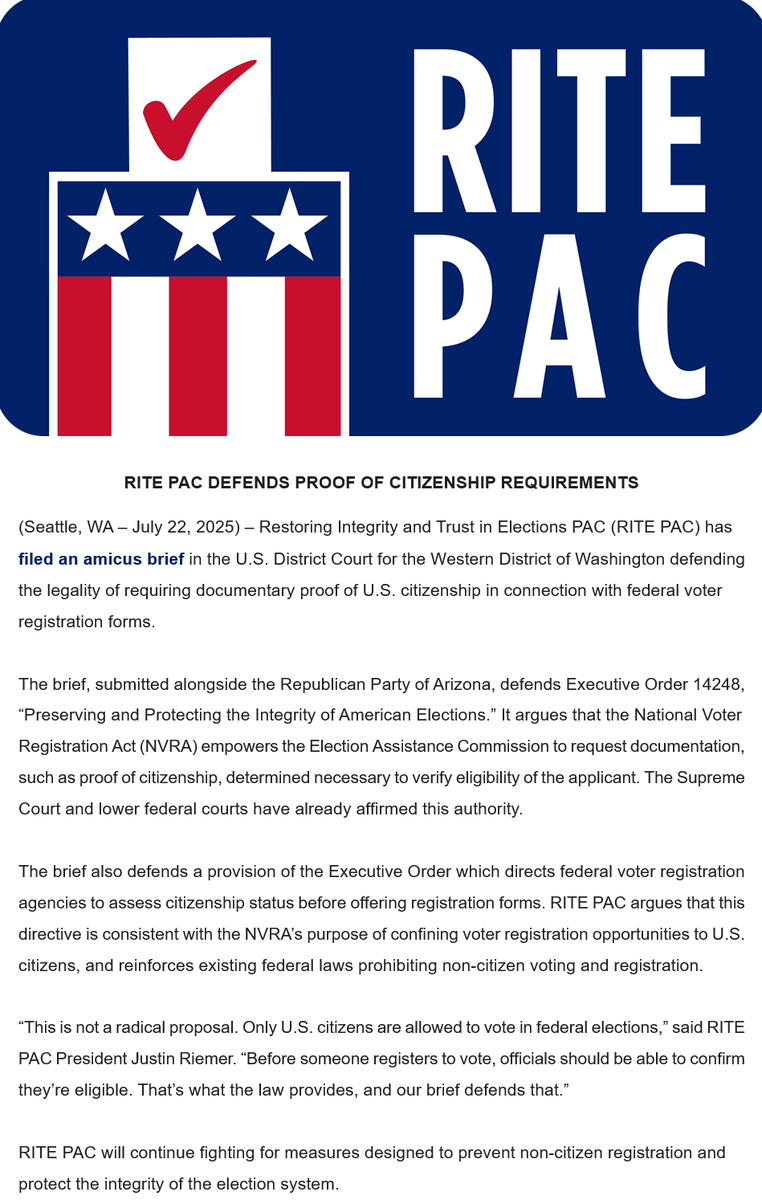 Restoring_USA's tweet image. RITE has filed an amicus brief in federal court in Seattle to defend requiring proof of citizenship on voter registration forms.
"This is not a radical proposal. Only U.S. citizens are allowed to vote in federal elections."
Brief: riteusa.org/wp-content/upl…
