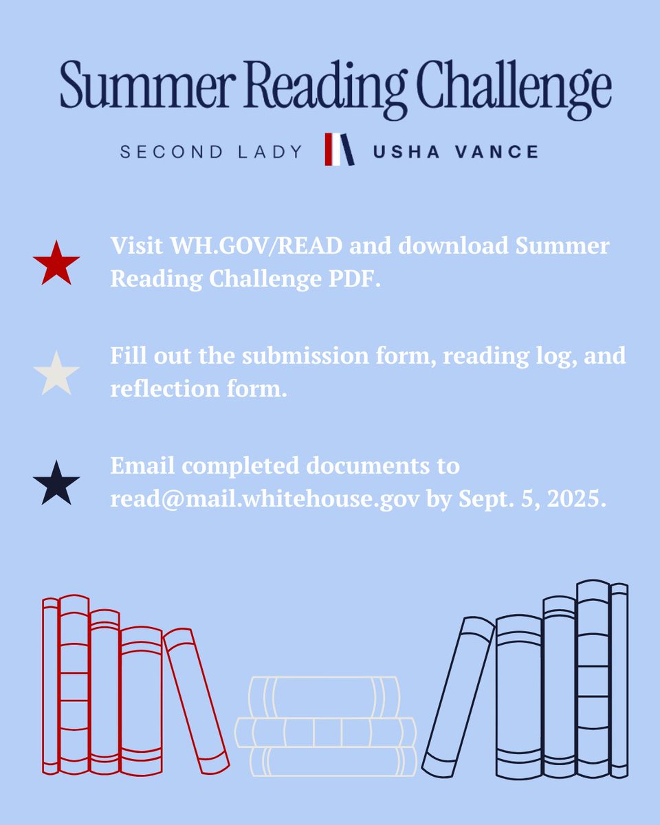usedgov's tweet image. Kids in grades K-8 (and their parents): If you've been reading this summer, you can join the Second Lady's Summer Reading Challenge!
Complete your reading log and submit by September 5: whitehouse.gov/read/.
#2ndLadySummerReads @SLOTUS