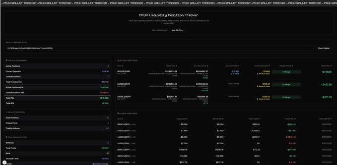 PRJX 流动性仓位追踪器界面