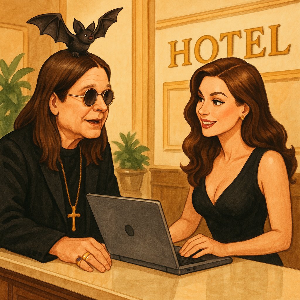J2_HRHM's tweet image. Front Desk:
Welcome to the Hotel California
Guest:
Just crossed Over the Mountain
So Tired
FD:
The Boys Are Back in Town, huh?
G:
Yeah. Saw Princess of the Dawn — on a Crazy Train
FD:
Ready to Bark at the Moon tonight?
G:
Finally feels like… Home Sweet Home