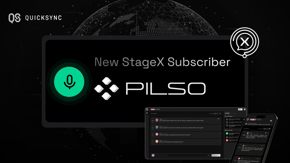 Quick_Sync's tweet image. New StageX Subscriber | @Pilso_OS
Meet our newest partner: @Pilso_OS first LLM-native OS for secure on-chain execution. They lets AI agents operate on-chain: keyless, modular, and fully non-custodial.
PILSO is now using StageX to supercharge their live sessions, engage…