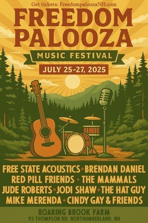 FreeStateNH's tweet image. In three days, the Freedom Palooza Music Festival begins in the New Hampshire North Country.
Do you have your tickets yet?
Use our discount code — Porcupine2025 — to save 5%: FreedomPaloozaNH.org