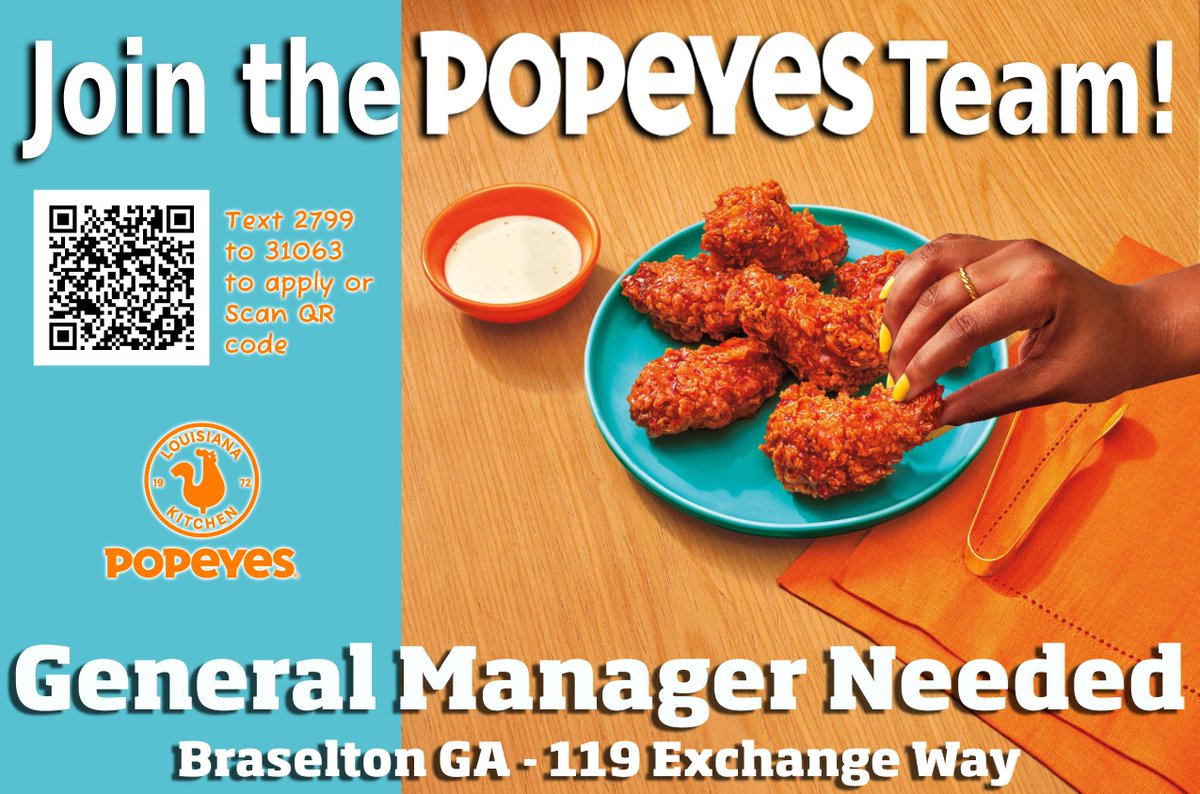 FunkyChickenATL's tweet image. 🚨🔥 BRASELTON, GA — WHO’S READY TO RULE THE ROOST? 🔥🚨
Popeyes in Braselton is lookin’ for a General Manager who’s got bold flavor, big energy, and leadership that sizzles! 🍗💥
workstream.us/j/74bf9108/pop…
#BraseltonGA