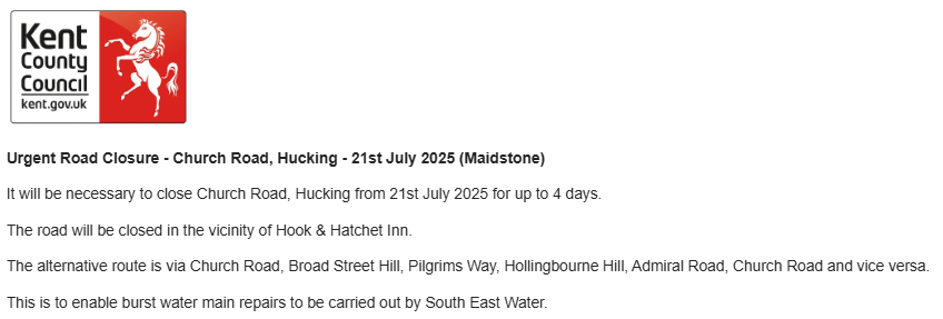 KCC Highways (@kenthighways) on Twitter photo Hucking, Church Road: Closed until 24th July to allow for works by <a href="/sewateruk/">South East Water</a> : moorl.uk/?yafsz7 Hucking, Church Road: Closed until 24th July to allow for works by <a href="/sewateruk/">South East Water</a> : moorl.uk/?yafsz7